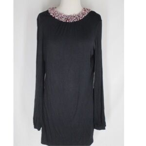 TWELFTH STREET BY CYNTHIA VINCENT Black Cotton Jersey Dress w/ Pearl Neckline